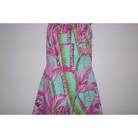 TIBI Strapless Cotton/Spandex Lining Dress Size 4 Pink Green Aqua Tropical Tree - Picture 2 of 5